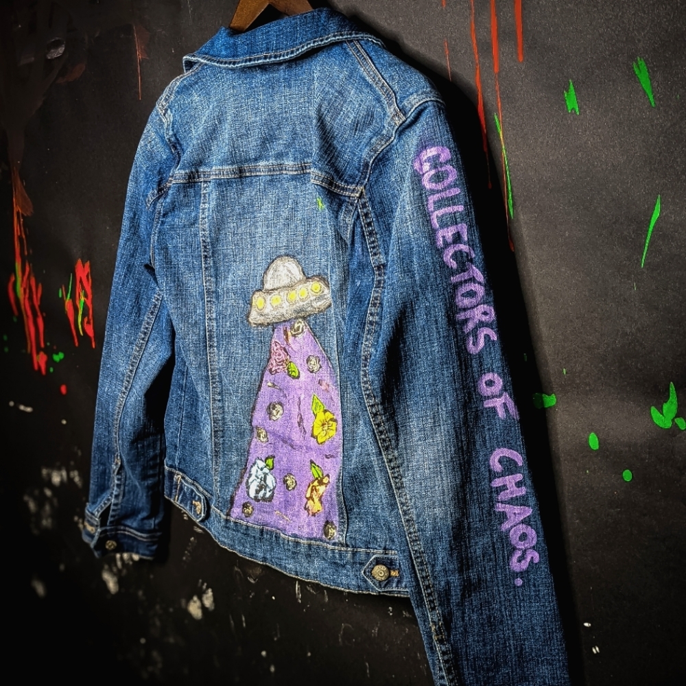 Intergalactic Beauty - UFO & Flowers hand painted, upcycled, denim jacket Size S